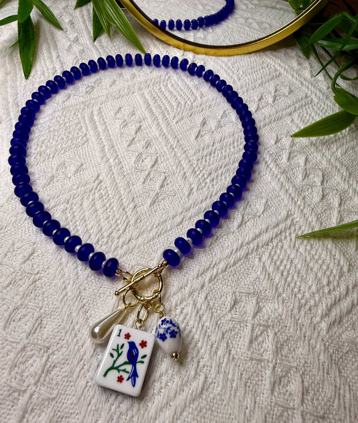 Mahjong Glass Beaded Charm Necklace