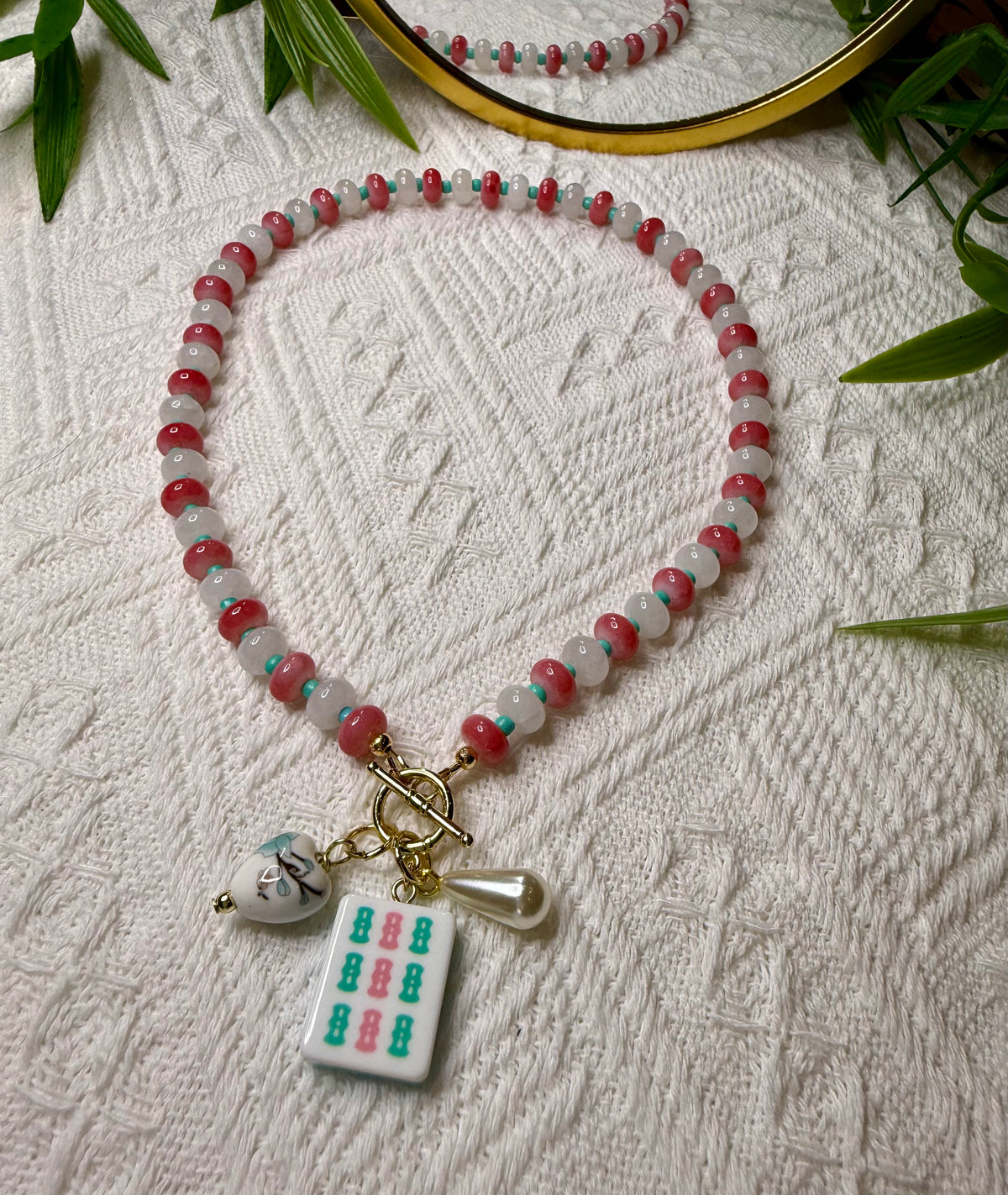 Mahjong Glass Beaded Charm Necklace