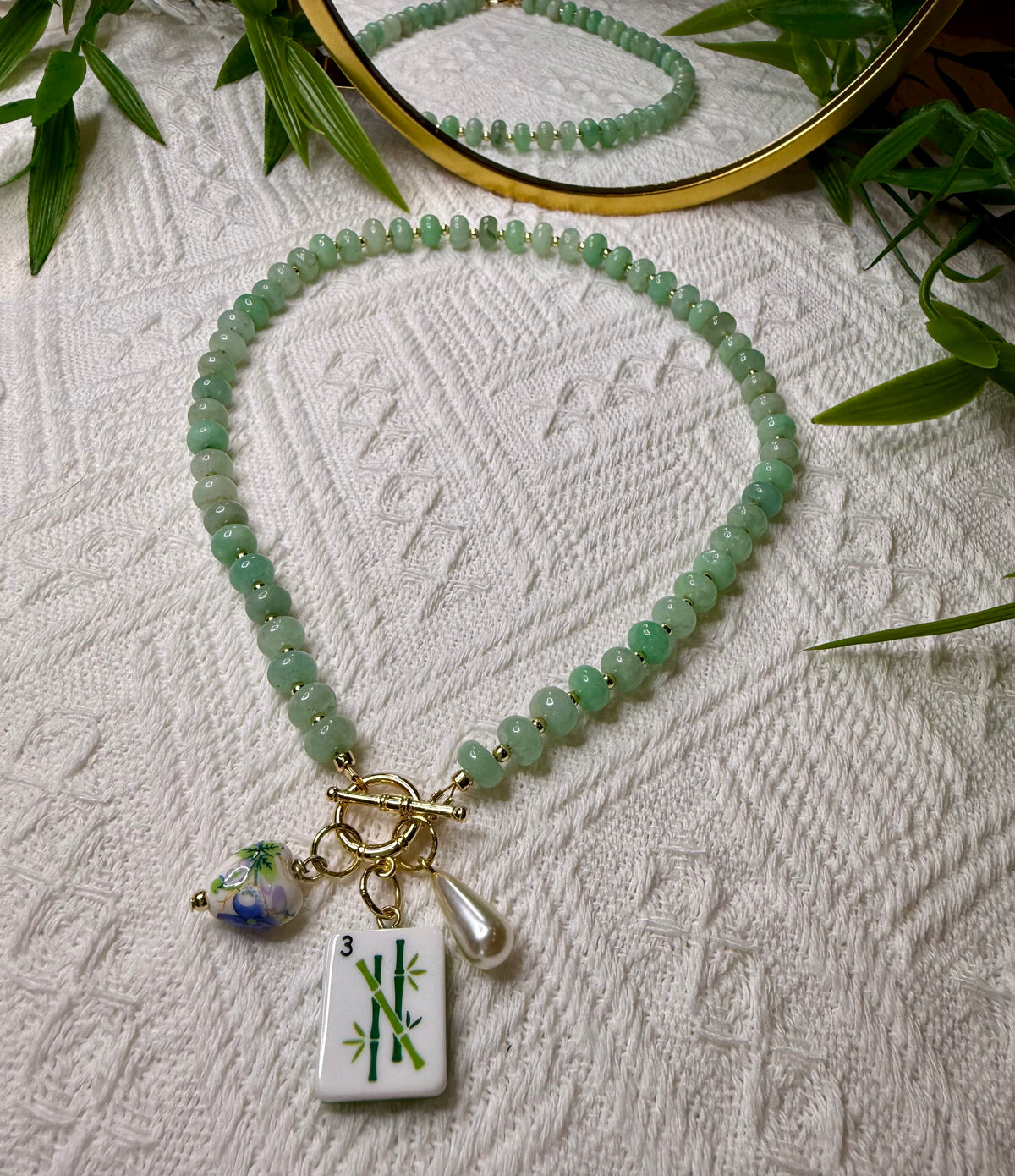 Mahjong Glass Beaded Charm Necklace