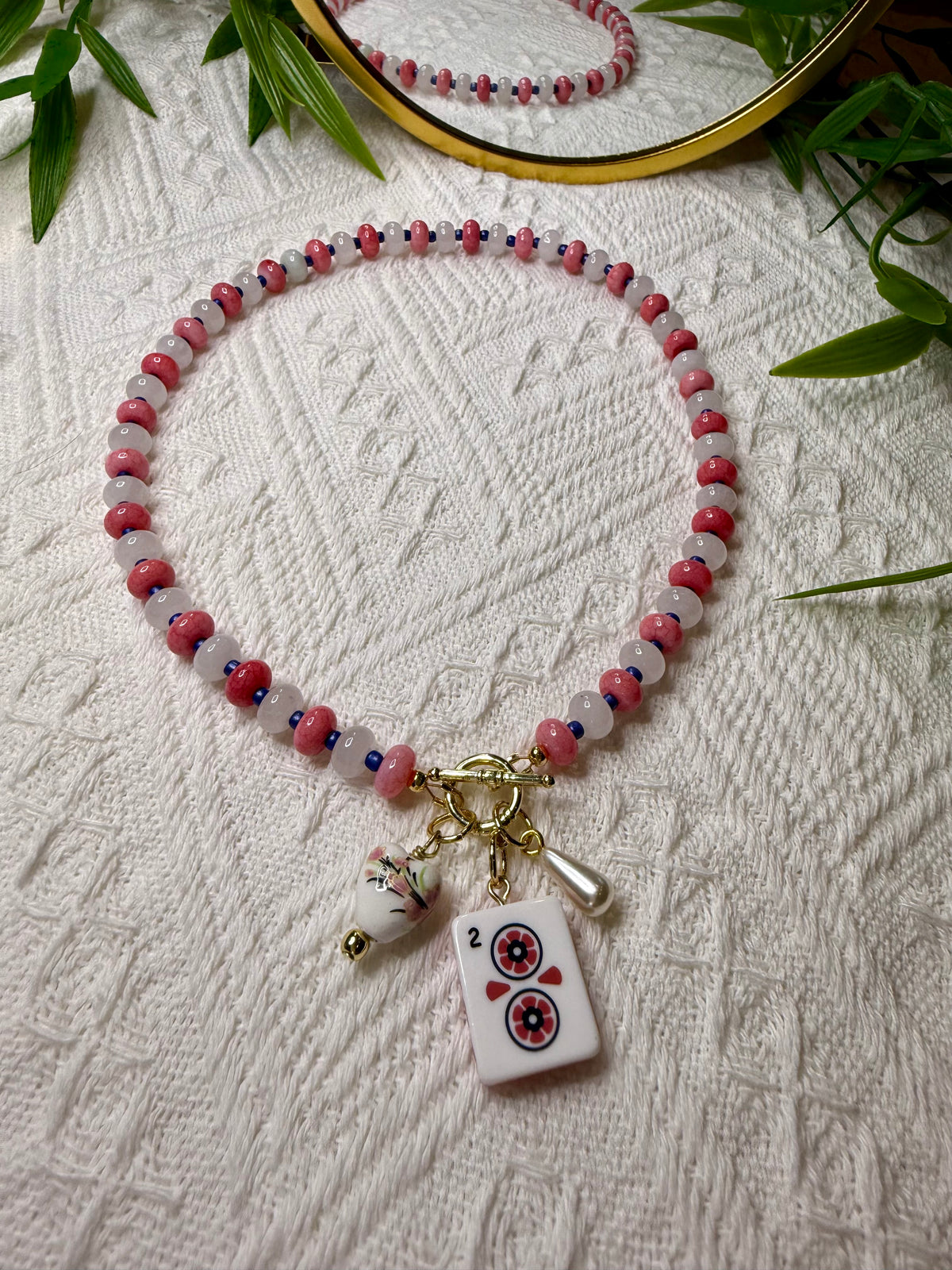 Mahjong Glass Beaded Charm Necklace