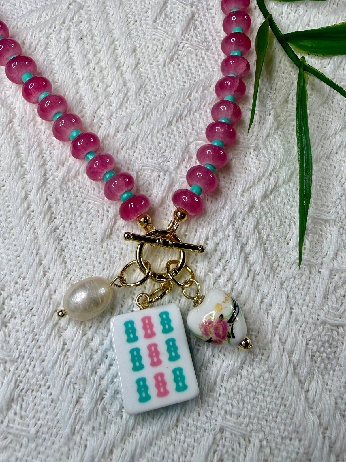 Mahjong Glass Beaded Charm Necklace