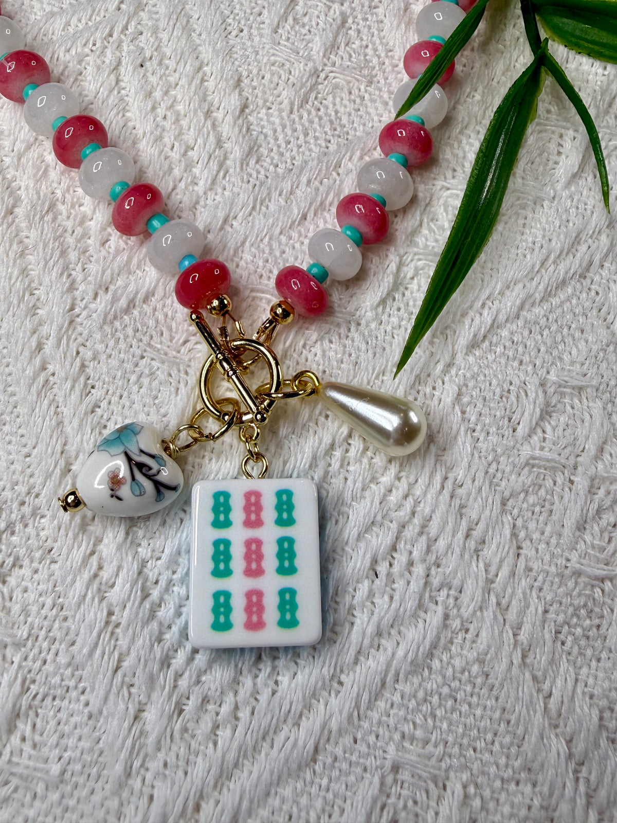 Mahjong Glass Beaded Charm Necklace