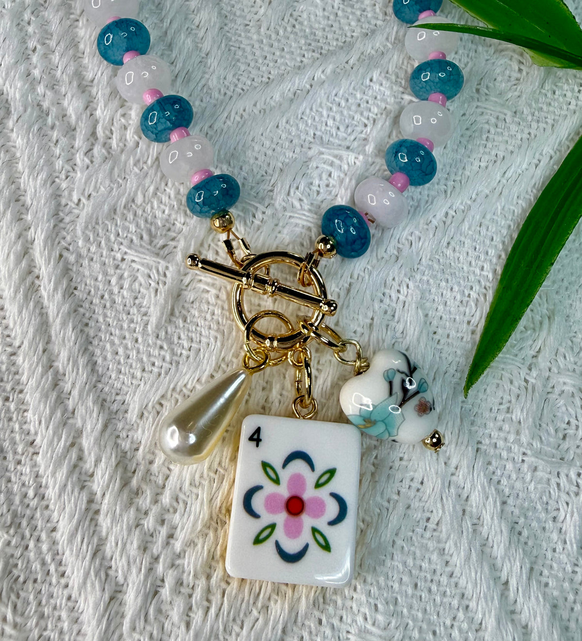 Mahjong Glass Beaded Charm Necklace