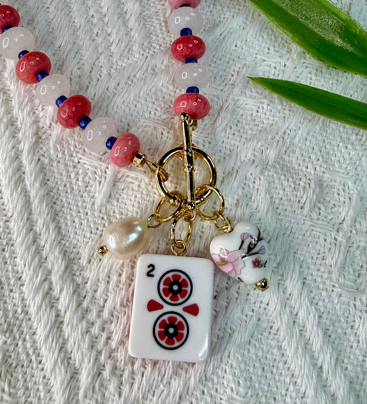 Mahjong Glass Beaded Charm Necklace